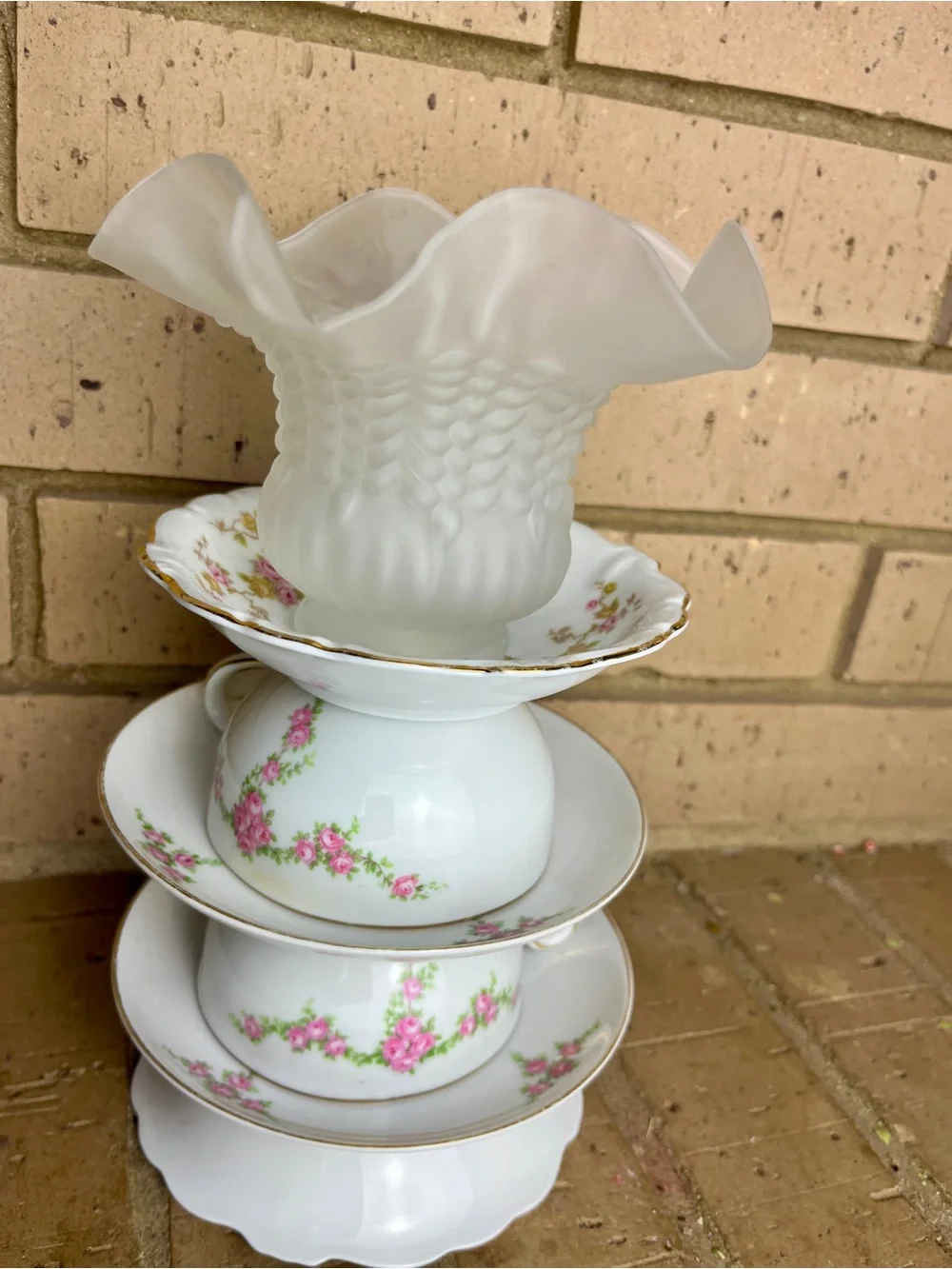 White and Pink Floral Teacup Candle Holder Stack